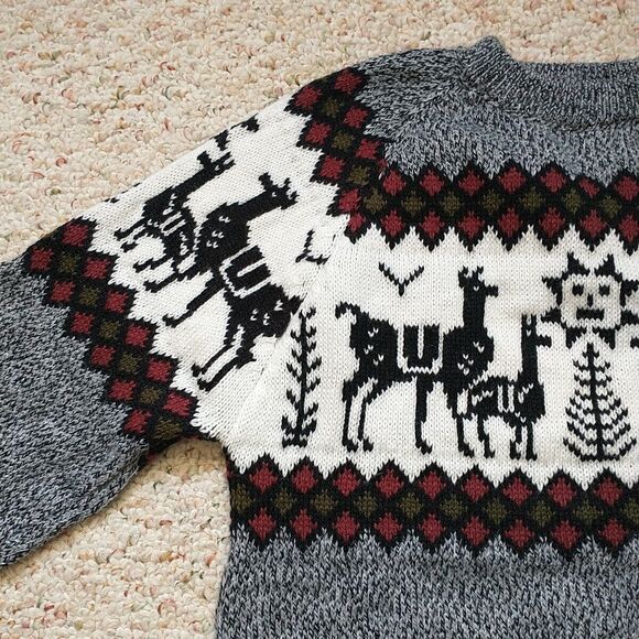 Ugly Sweater Women  Gray Reindeer Lama Fair Isle Hand Made Knit - Picture 3 of 9
